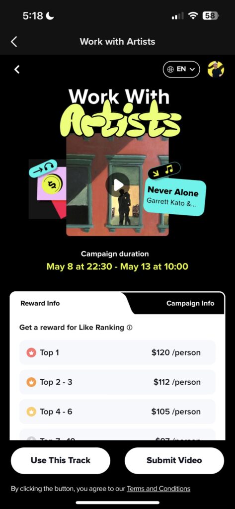 TikTok Work With Artists leader board